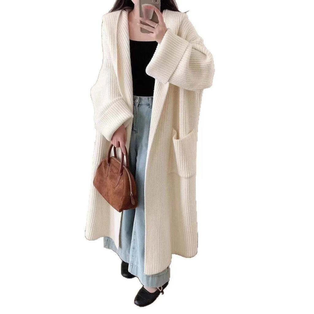 Women's acrylic fibre hooded cardigan coat with 80cm length and raglan sleeves in milky white colour
