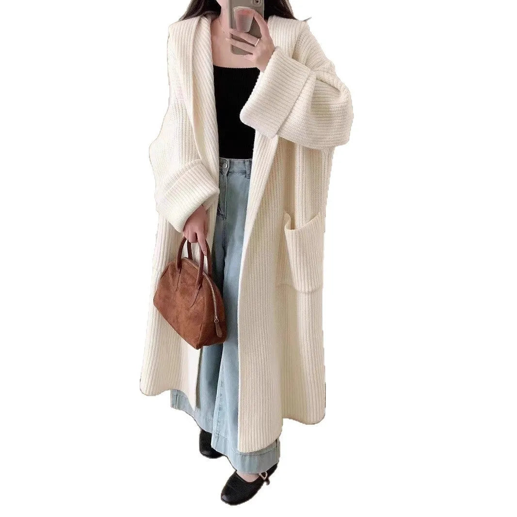 Women's acrylic fibre hooded cardigan coat with 80cm length and raglan sleeves in milky white colour
