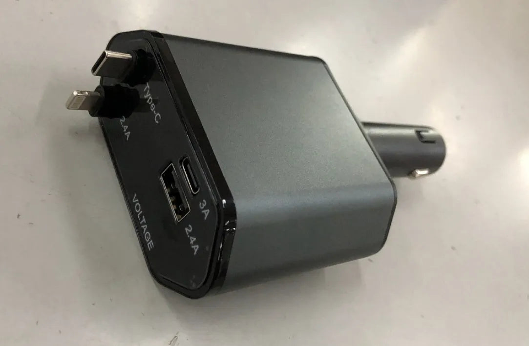 Automatic retractable car charger with 120W output showing retracted cable and cigarette lighter plug
