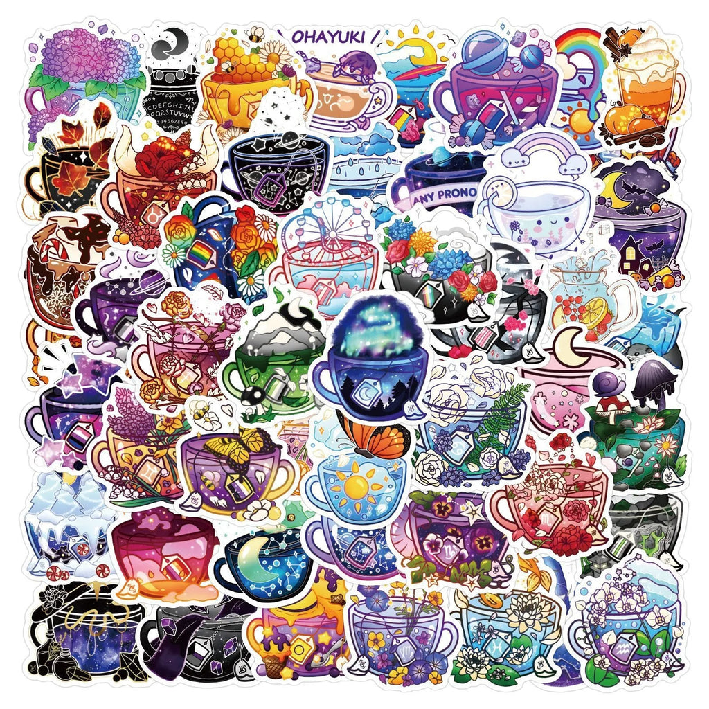 Colourful tea cup graffiti design waterproof vinyl stickers pack of 50 for DIY customisation