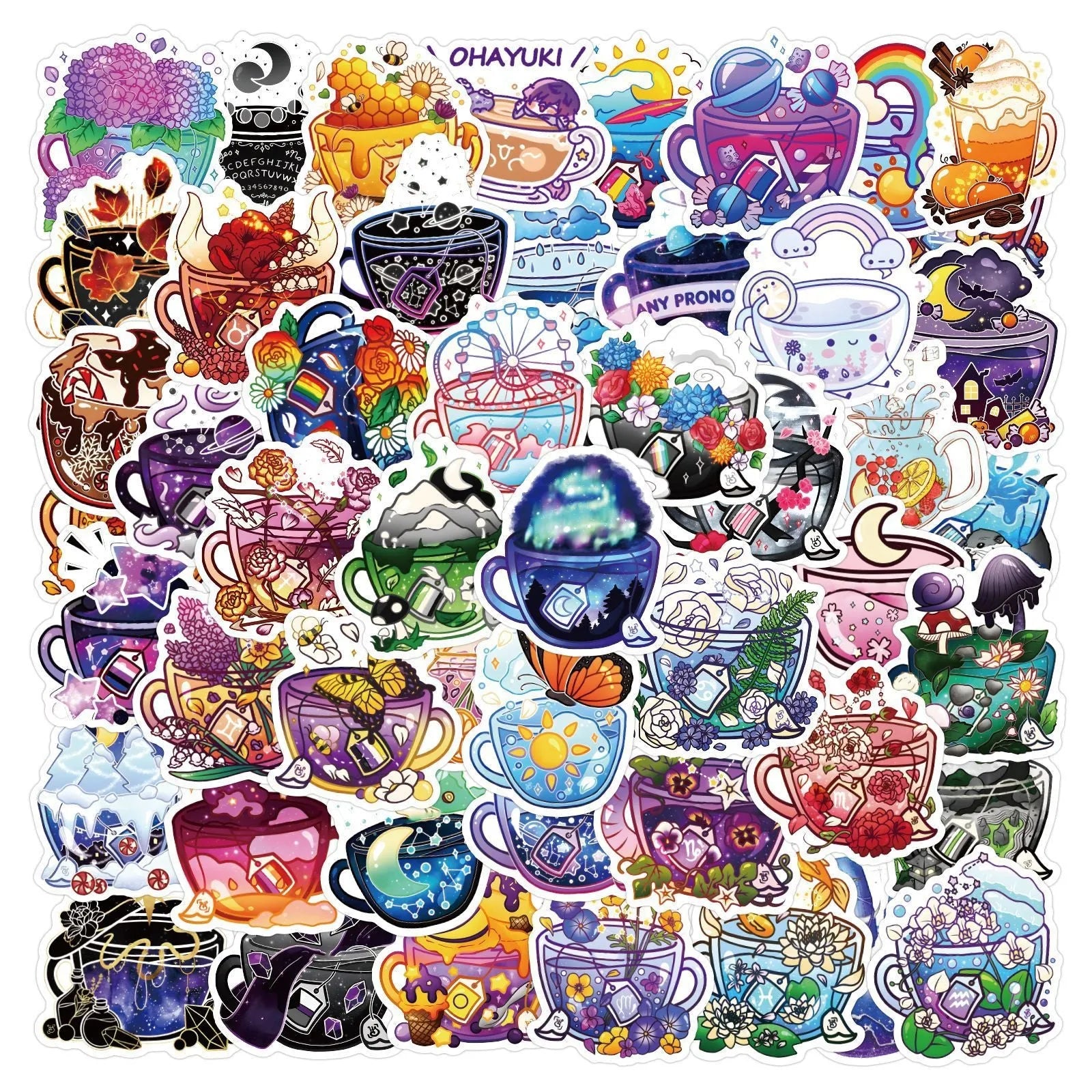 Colourful tea cup graffiti design waterproof vinyl stickers pack of 50 for DIY customisation