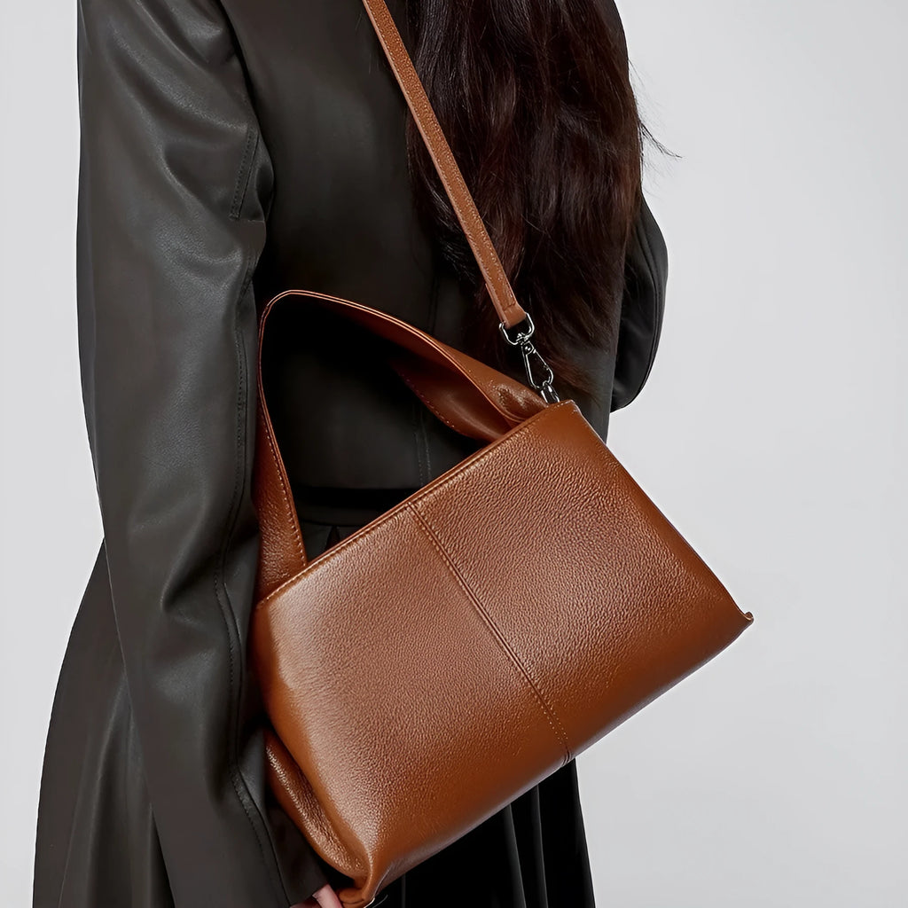Women's genuine leather retro texture messenger bag in horizontal square shape with double shoulder strap