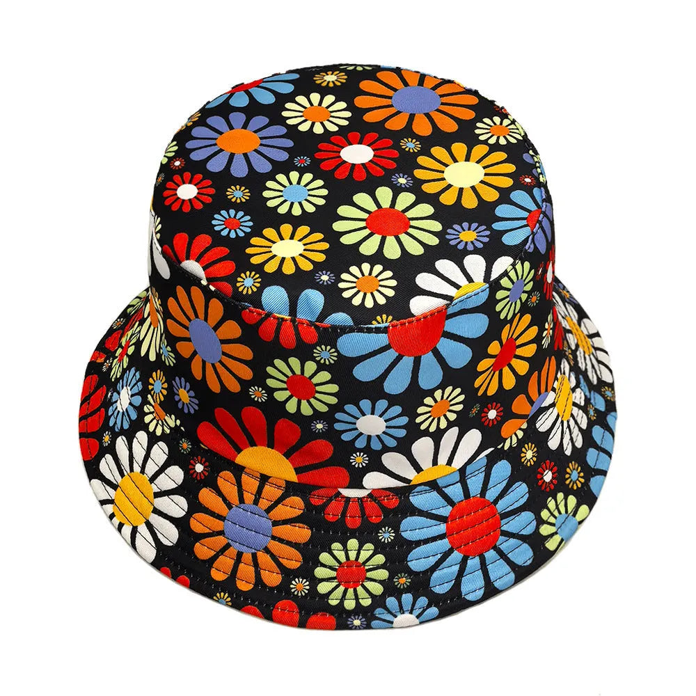 Colourful flower print polyester bucket hat with dome crown design for sun protection