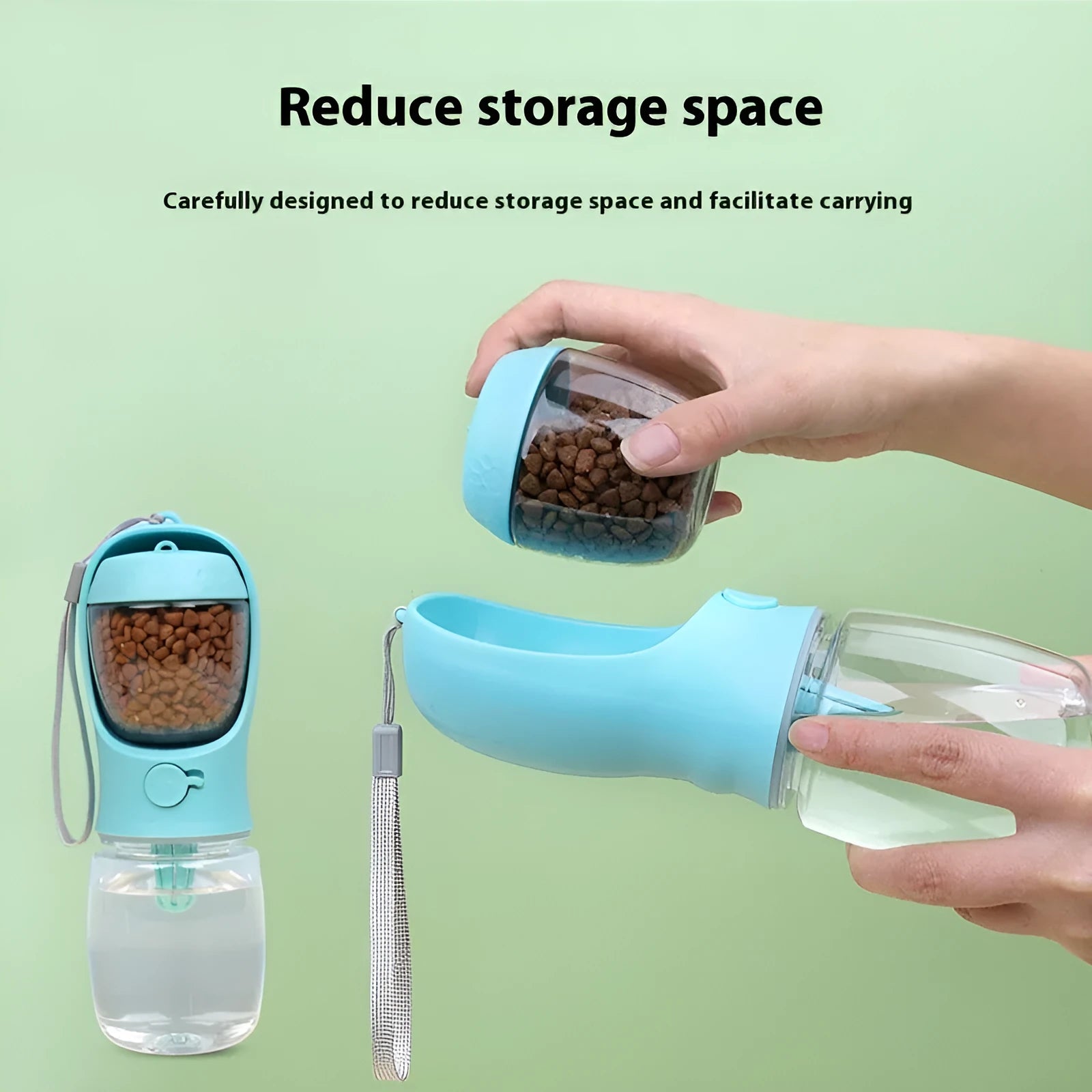 Blue dual-use plastic dog water cup with bottle and bowl design for outdoor walks.