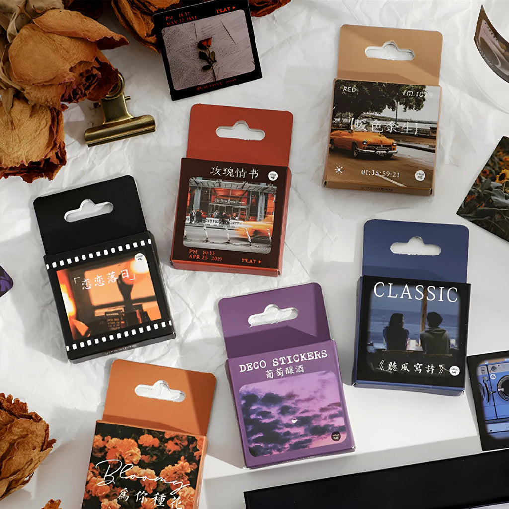 Nordic decorative sticker sheets showing floral and romantic designs in box packaging