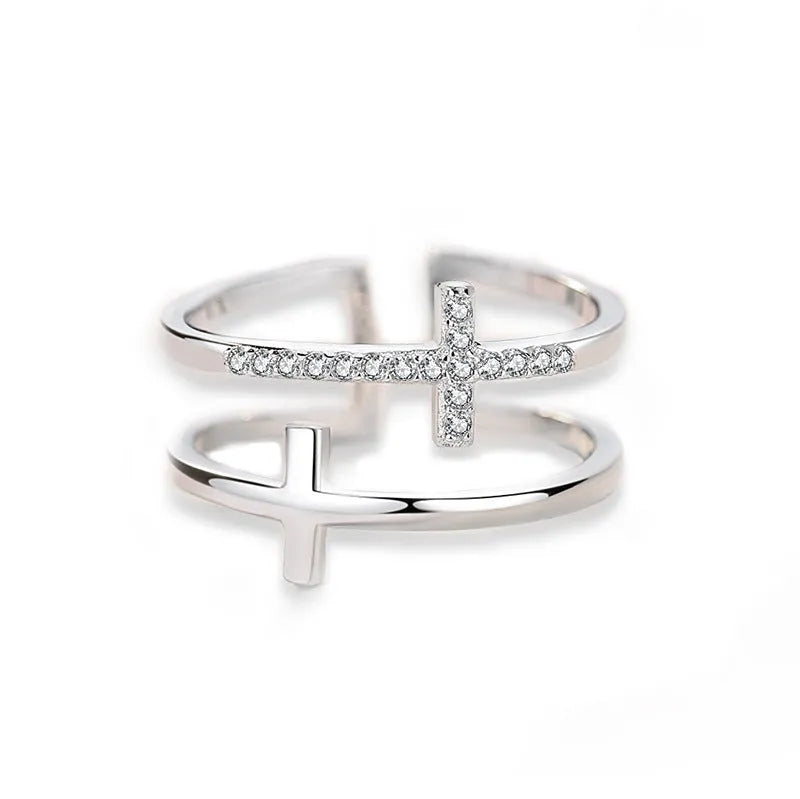 Women's adjustable open ring with geometric design, zircon stone inlays, and white gold finish