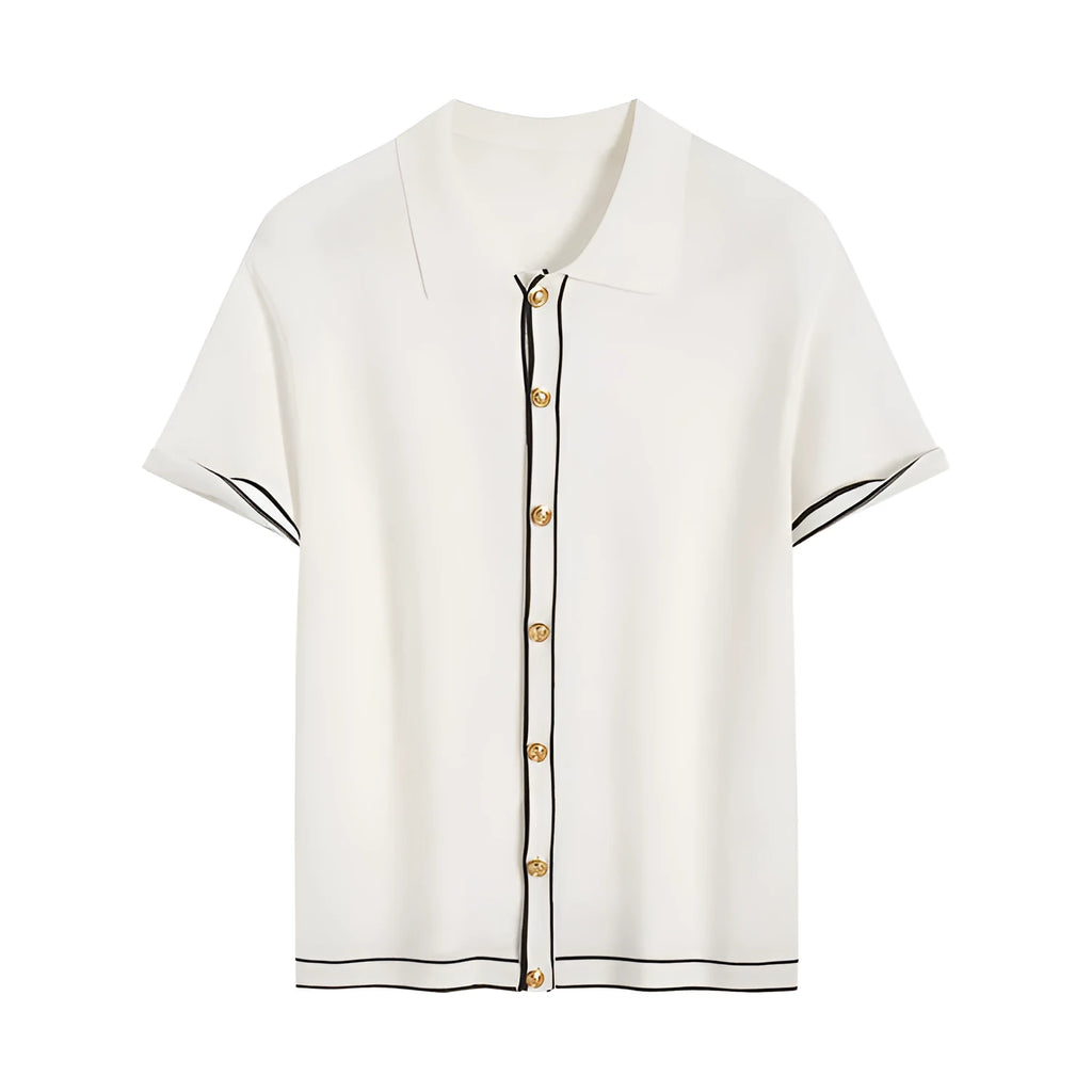 White short sleeve cardigan with contrast lapels in Old Money style made of polyester viscose blend