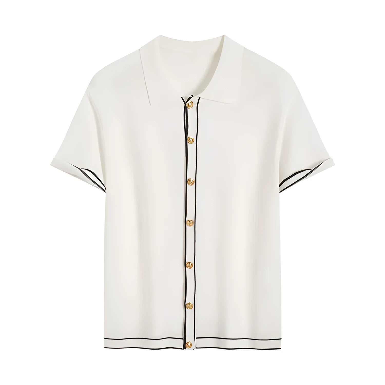 White short sleeve cardigan with contrast lapels in Old Money style made of polyester viscose blend