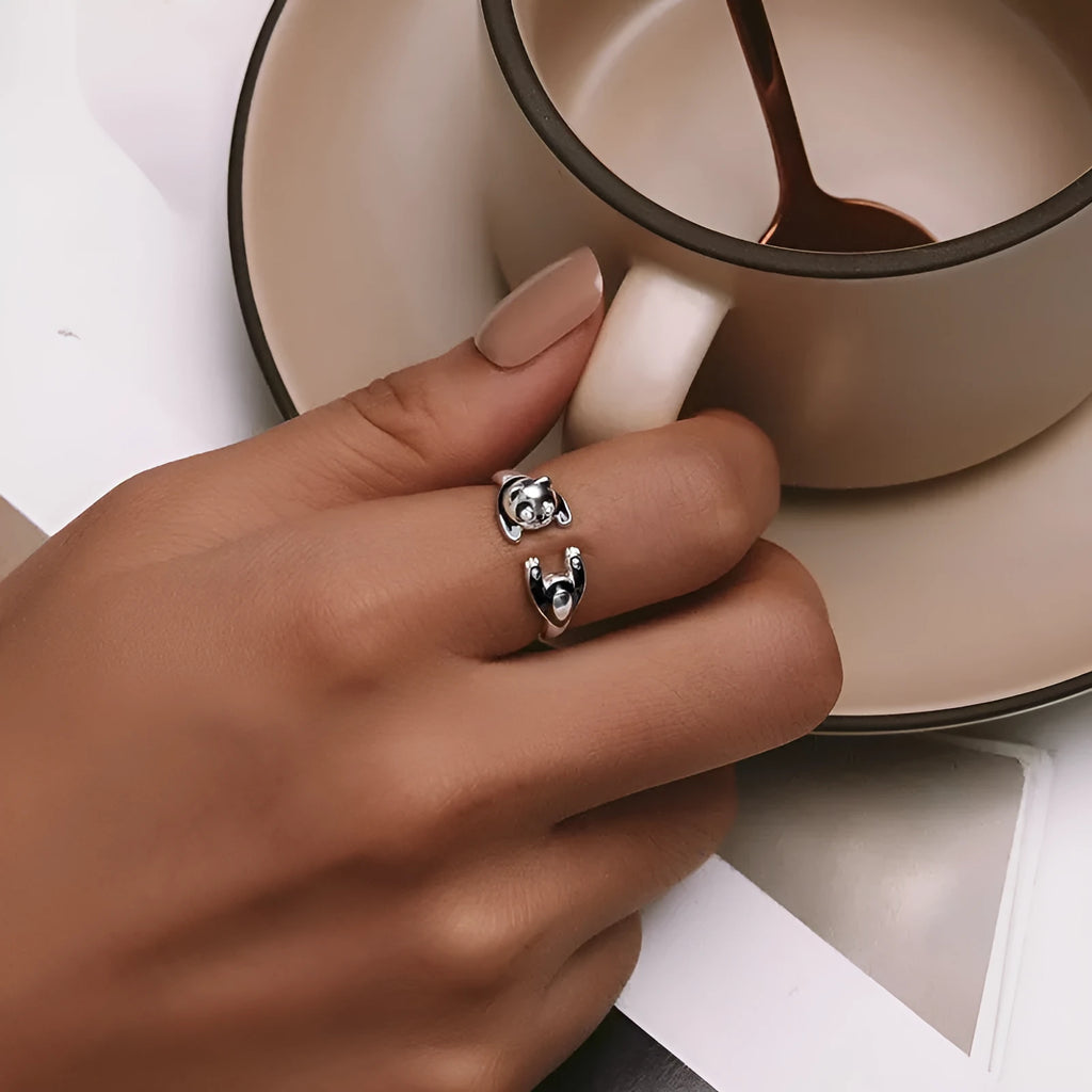 Adjustable panda sterling silver ring bracelet with white gold plating and open design