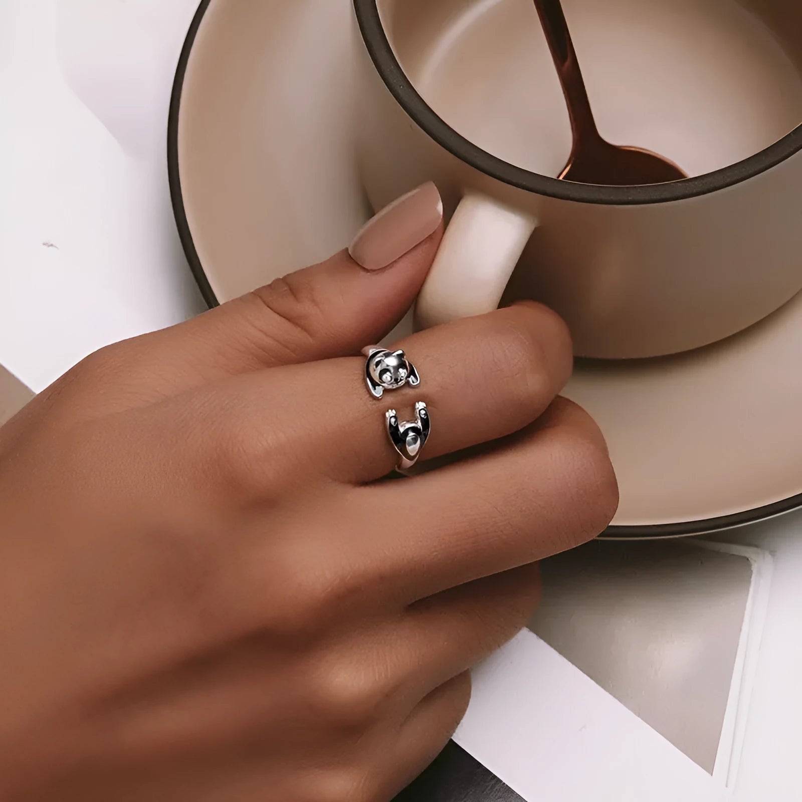 Adjustable panda sterling silver ring bracelet with white gold plating and open design