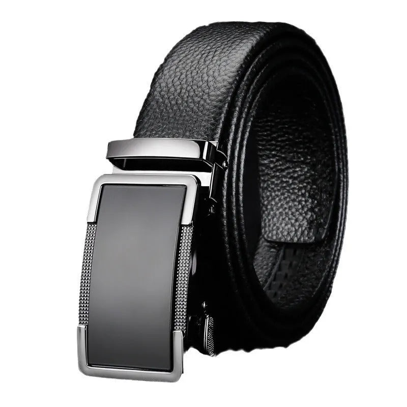 Men's leather belt with automatic Comfort Click buckle in gun black finish showing 2-4cm width
