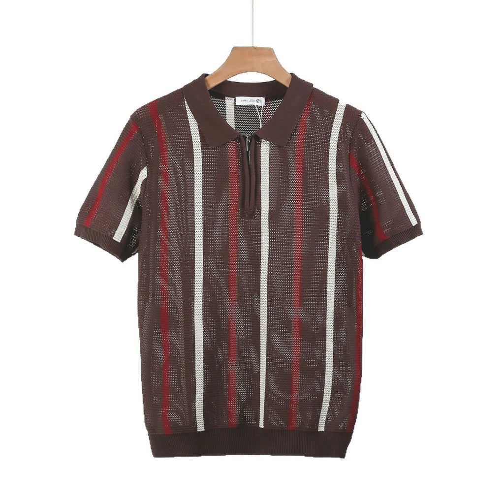 Short sleeve hollow mesh polo shirt in ice silk fabric with zipper details