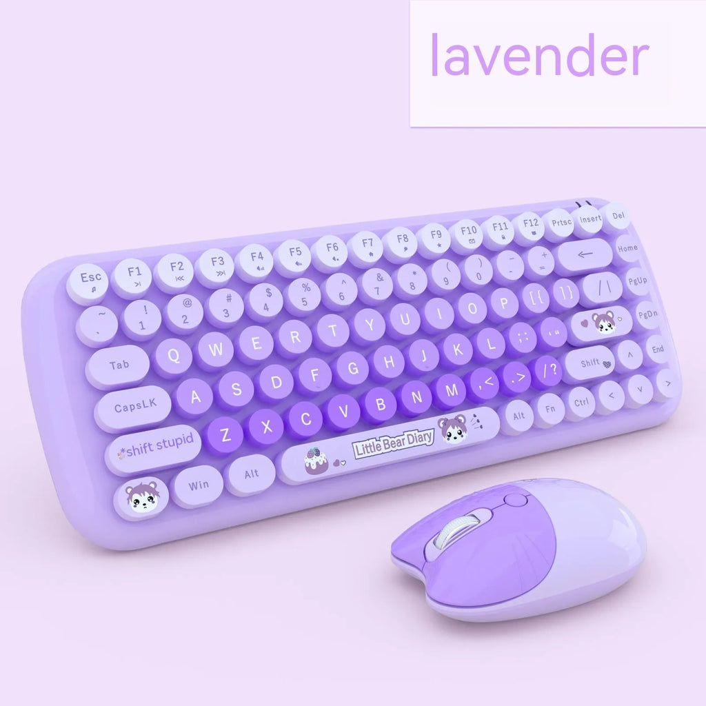 Pink wireless keyboard and mouse set with cartoon design showing keyboard dimensions of 43.5cm