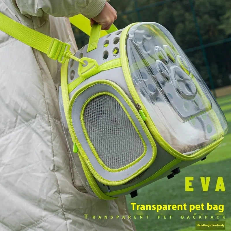 Transparent hard EVA cat backpack carrier in space capsule design with backpack straps