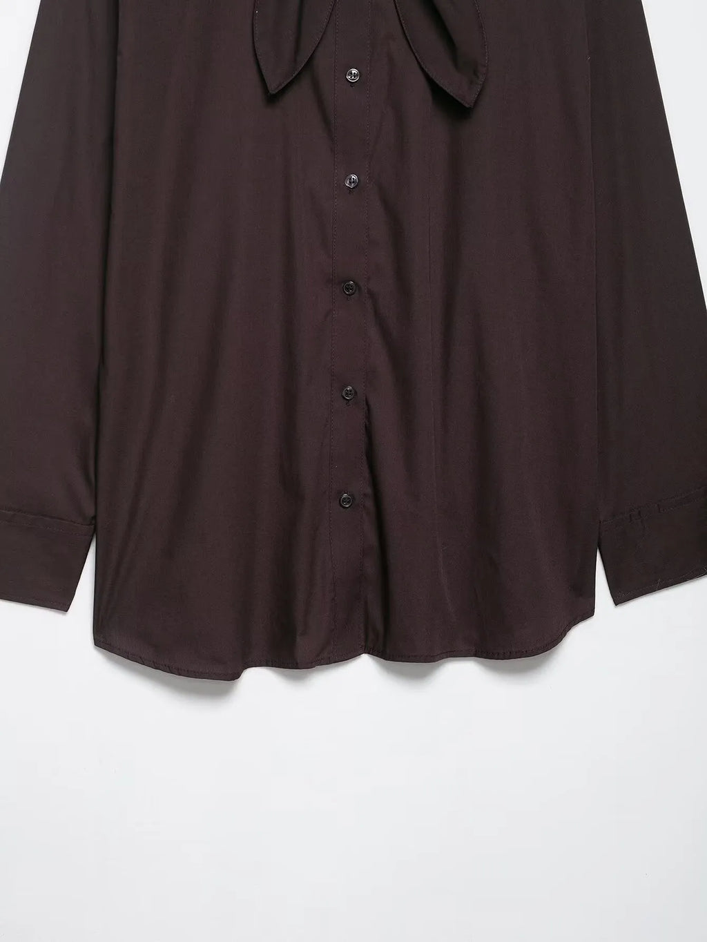 Brown women's poplin shirt with built-in bow tie scarf in loose cardigan style