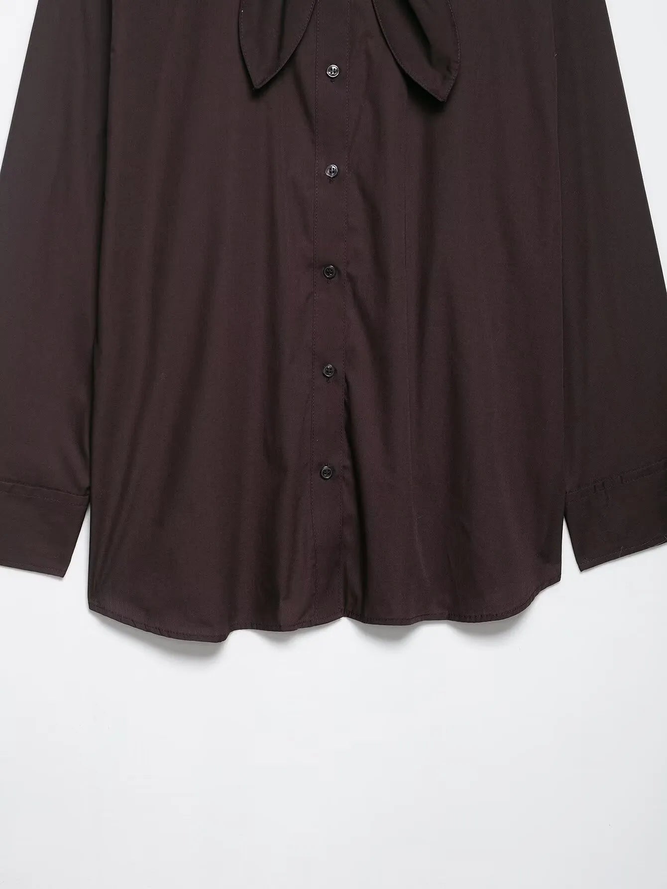 Brown women's poplin shirt with built-in bow tie scarf in loose cardigan style