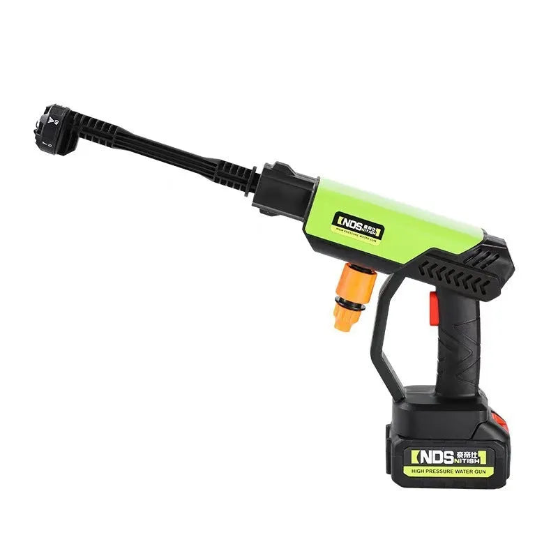 Wireless high pressure water gun in green with six-in-one nozzle, battery, and accessory kit for cleaning.