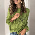 Women's loose-fit hollow lace shirt with long sleeves, round neck, and street-style detailing.