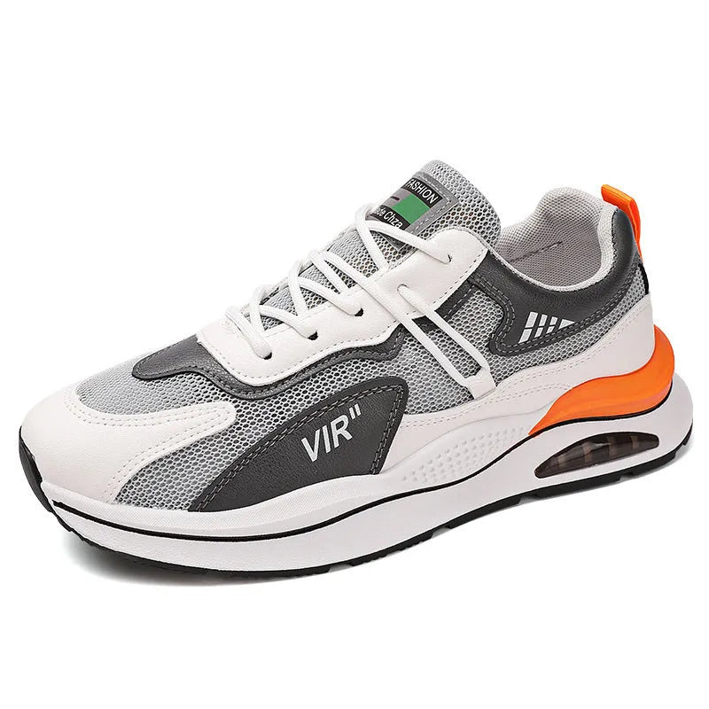 Men's gray mesh running shoes with EVA sole and round toe, shown from side view