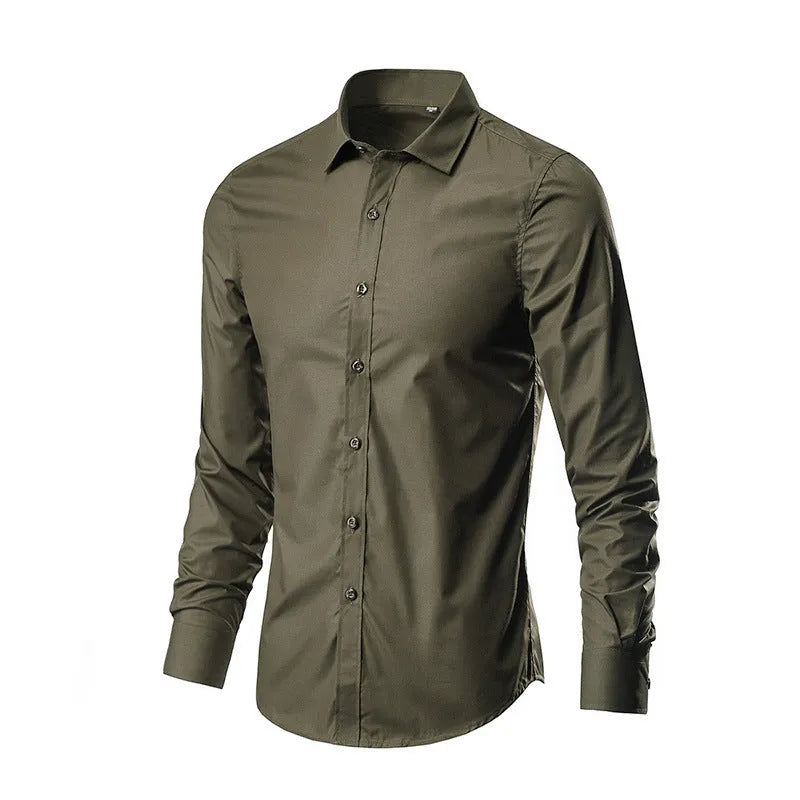 Men's long-sleeve linen shirt in a slim, loose fit on a hanger