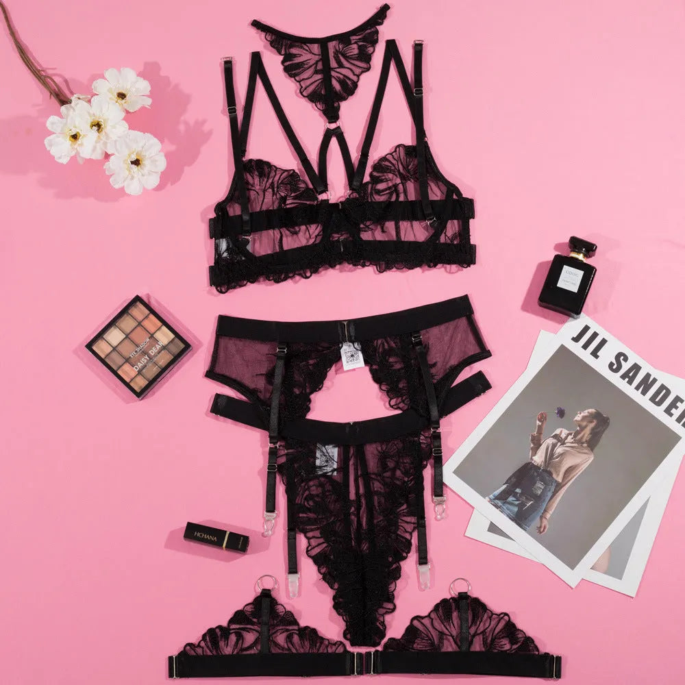 Black embroidery stitching mesh bra bikini set with three-point style construction