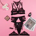 Black embroidery stitching mesh bra bikini set with three-point style construction