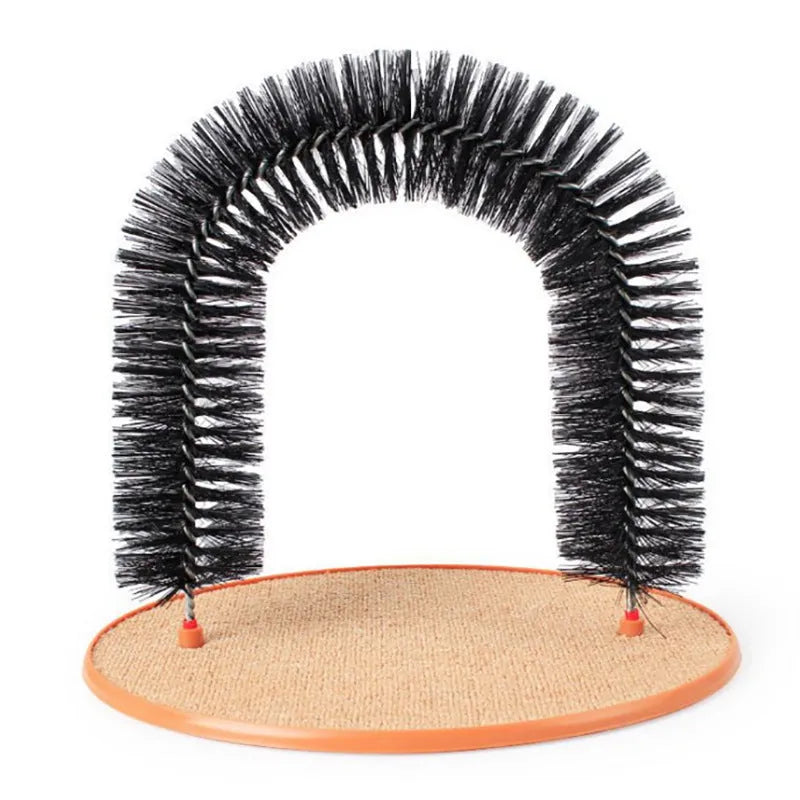 Arched cat grooming toy with built-in brush bristles for scratching and rubbing