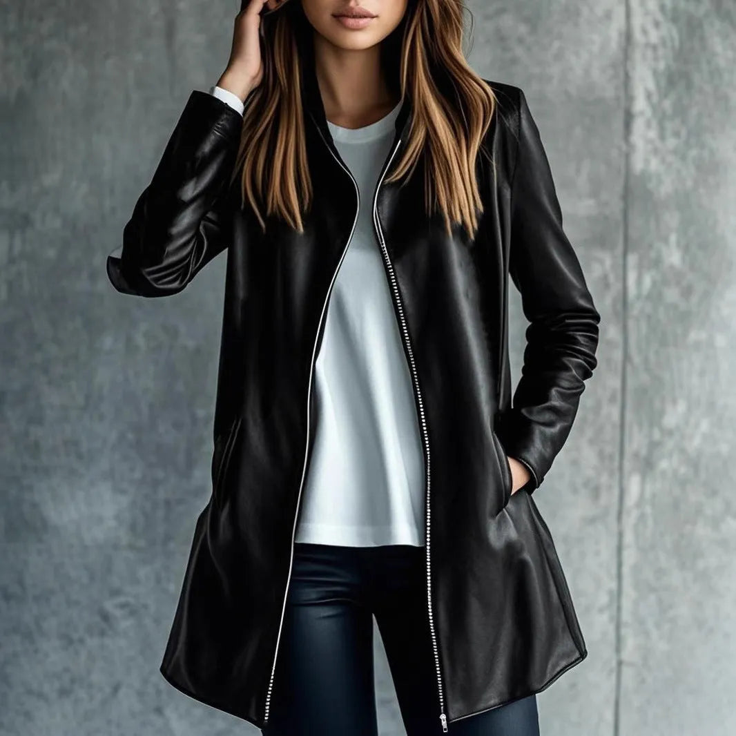 Women's black polyester leather-style jacket with long sleeves and medium length