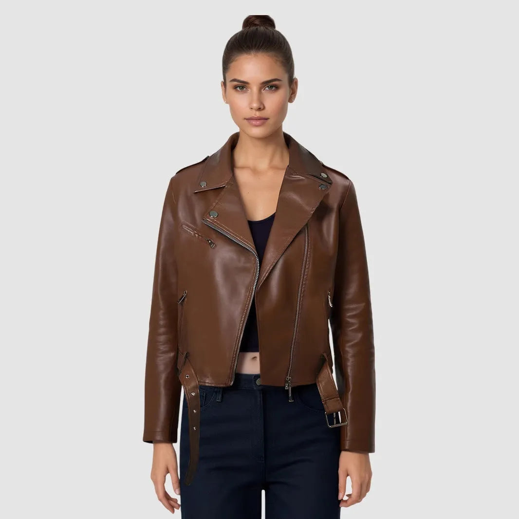 Women's black PU leather motorcycle-style jacket with lapel collar and waist belt on a hanger.