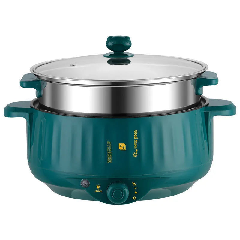 White stainless steel electric hot pot with non-stick interior on a kitchen countertop.