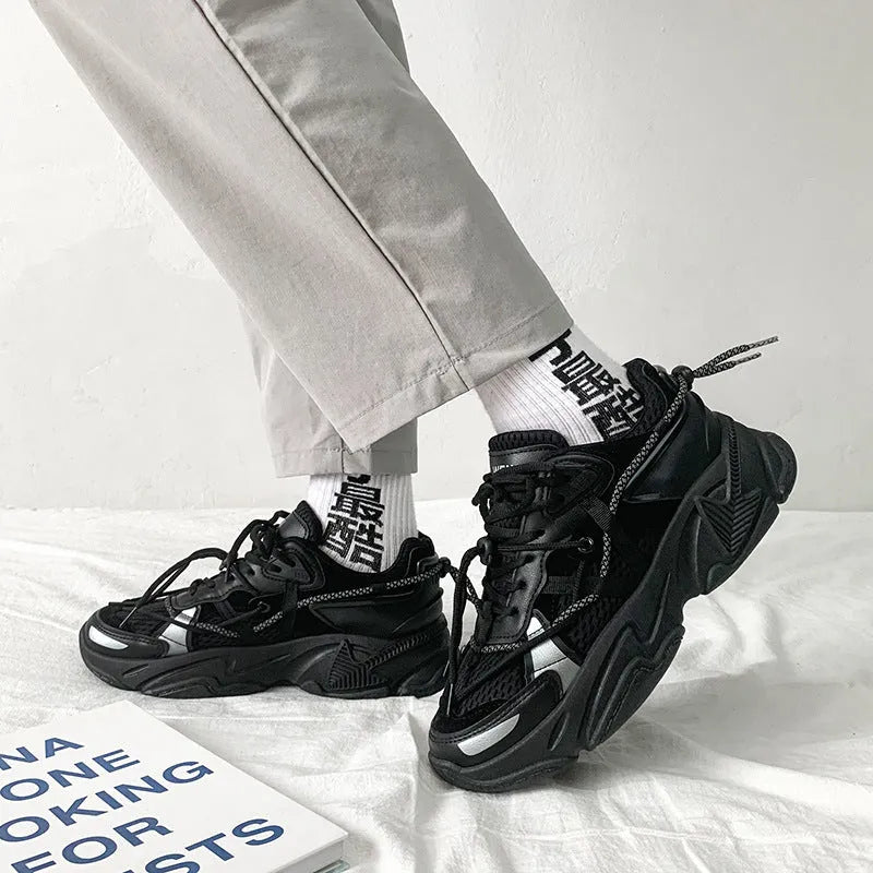 Men's Korean style platform dad shoes in white with mesh lining and lace-up front