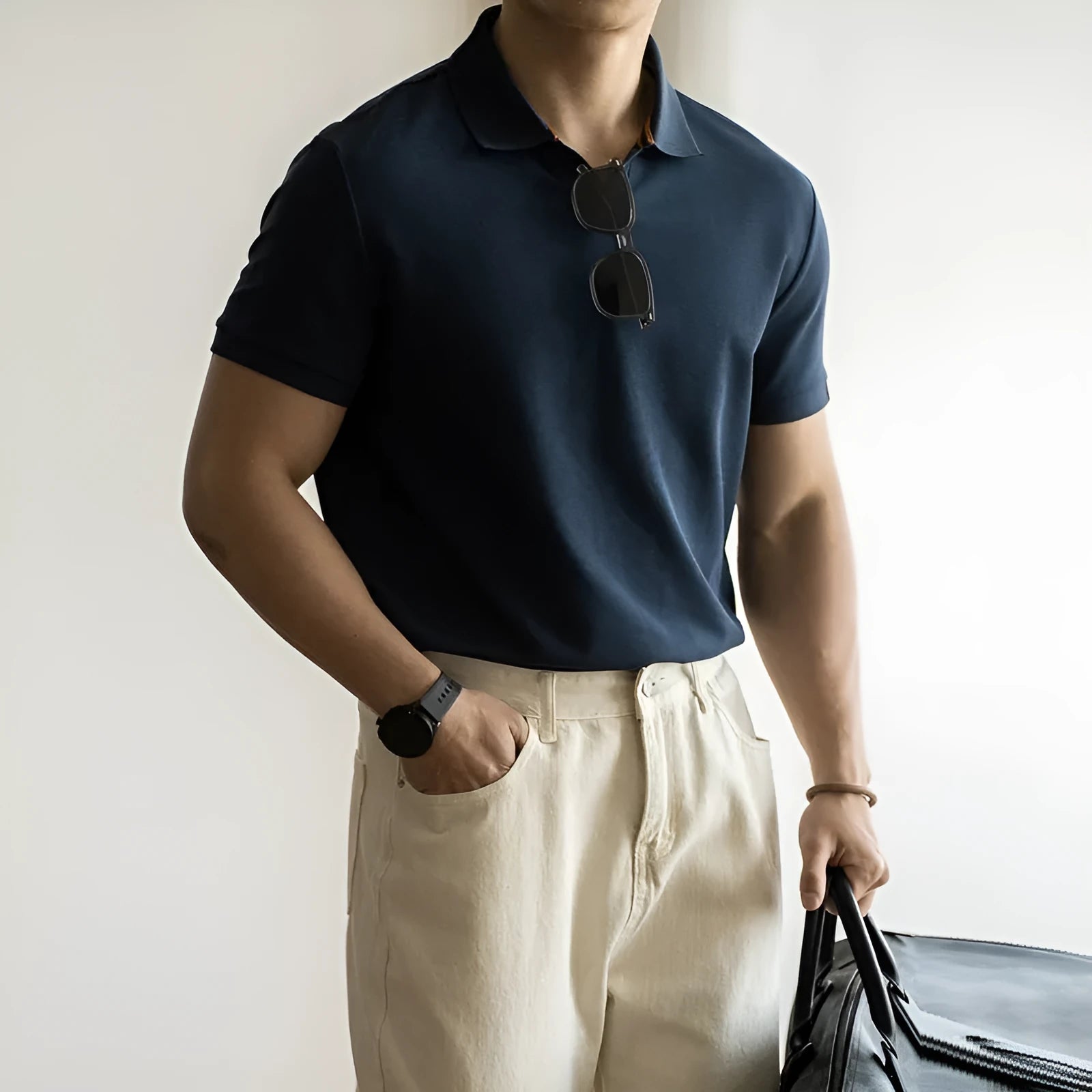 Men's short-sleeve cotton polyester polo shirt in blue, black and white colours showing regular fit design