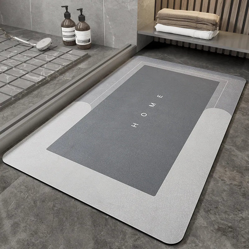 Blended material floor mat in blue colour with oval shape on bathroom floor