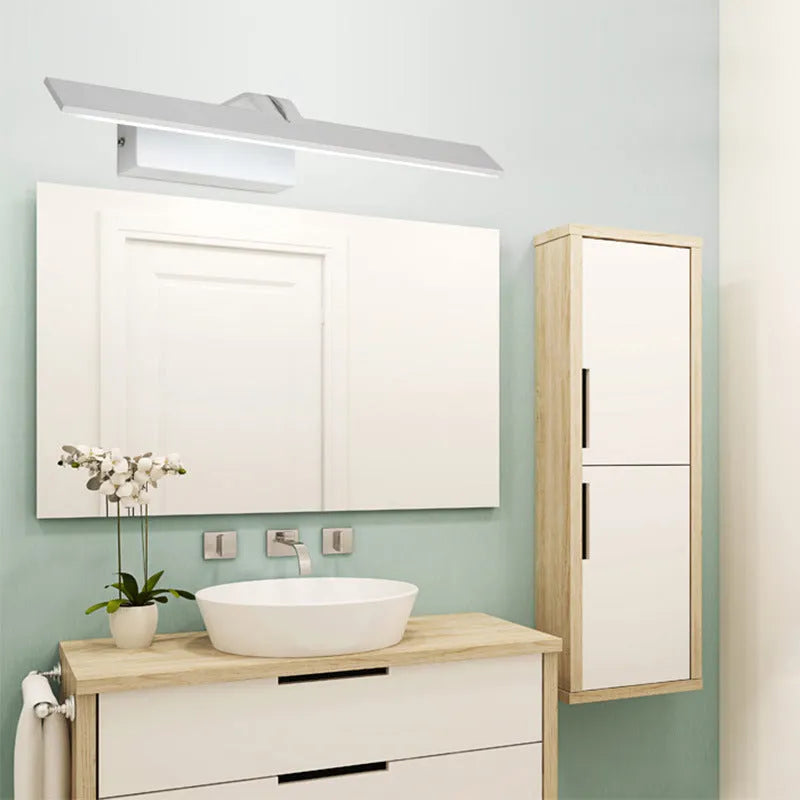 White rectangular LED bathroom mirror headlight with integrated lighting above vanity
