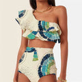 White women's one-shoulder swimsuit with split hem and double-layer lotus leaf design