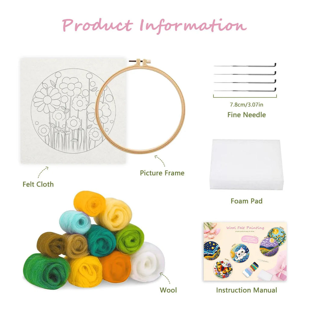Round linen embroidery kit with wool felt for three-dimensional blanket paintings featuring botanical patterns