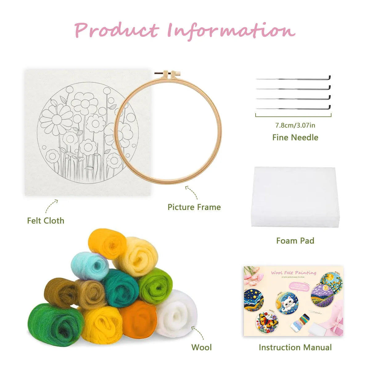 Round linen embroidery kit with wool felt for three-dimensional blanket paintings featuring botanical patterns