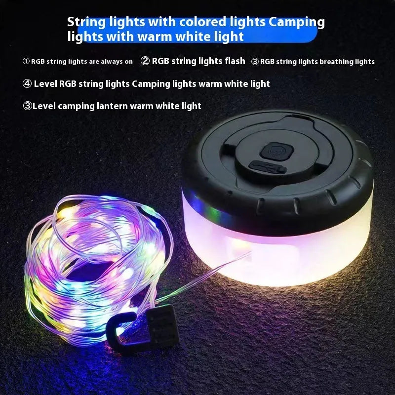 Rechargeable outdoor string lights with 30 LED beads on an 8m cable, showing both colourful and warm white light modes.