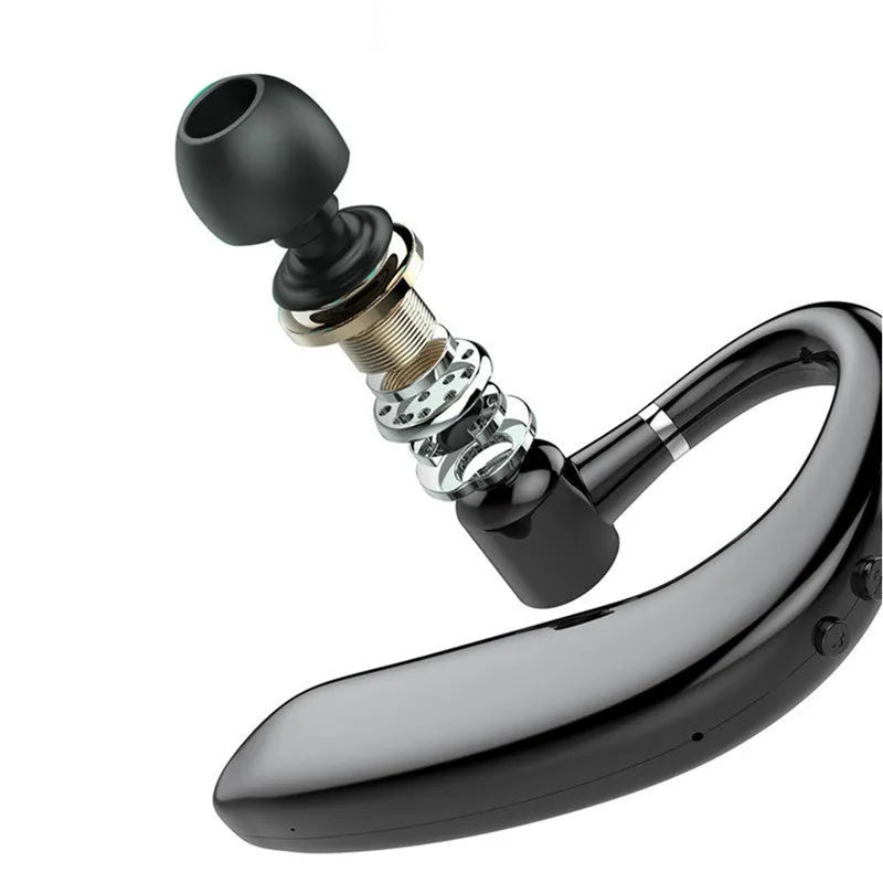 A black or blue unilateral in-ear wireless Bluetooth headset shown worn on one ear.