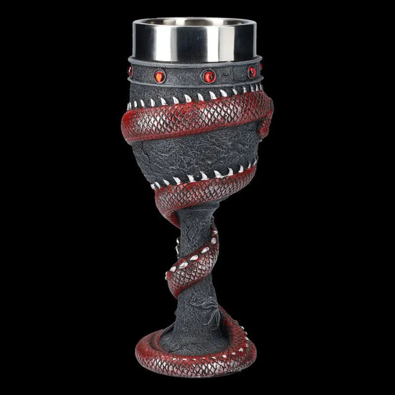 Red wine glass with 3D Chinese dragon design and stainless steel stem in gold finish.