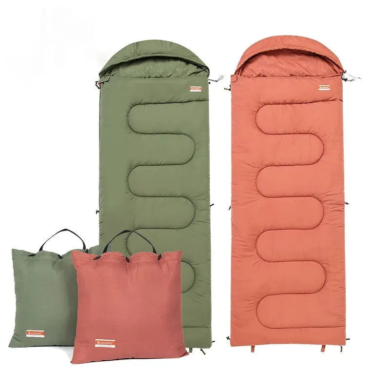 Cotton camping sleeping bag quilt in ochre and olive green colours with cold-proof insulation