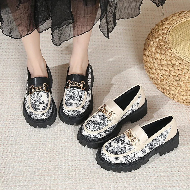 Plus size Mary Jane platform loafers with golden chain, PU upper, round toe, mid heel 3-5CM, available in Black, Milky White, Beige