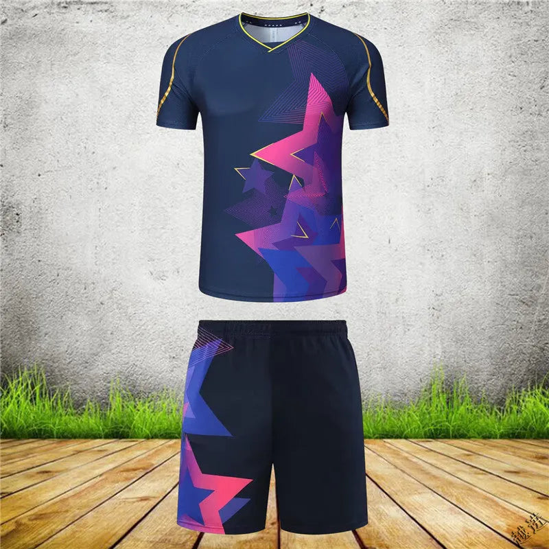 Badminton competition sportswear set in blue and purple colours with short-sleeved top and trousers