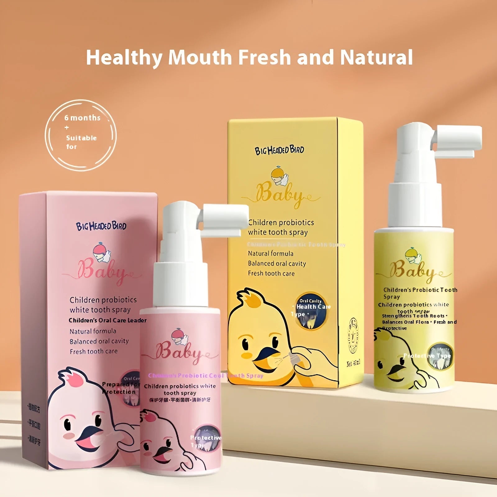 Children's probiotics white teeth cleaning spray bottle in strawberry and orange flavours for anticavity protection