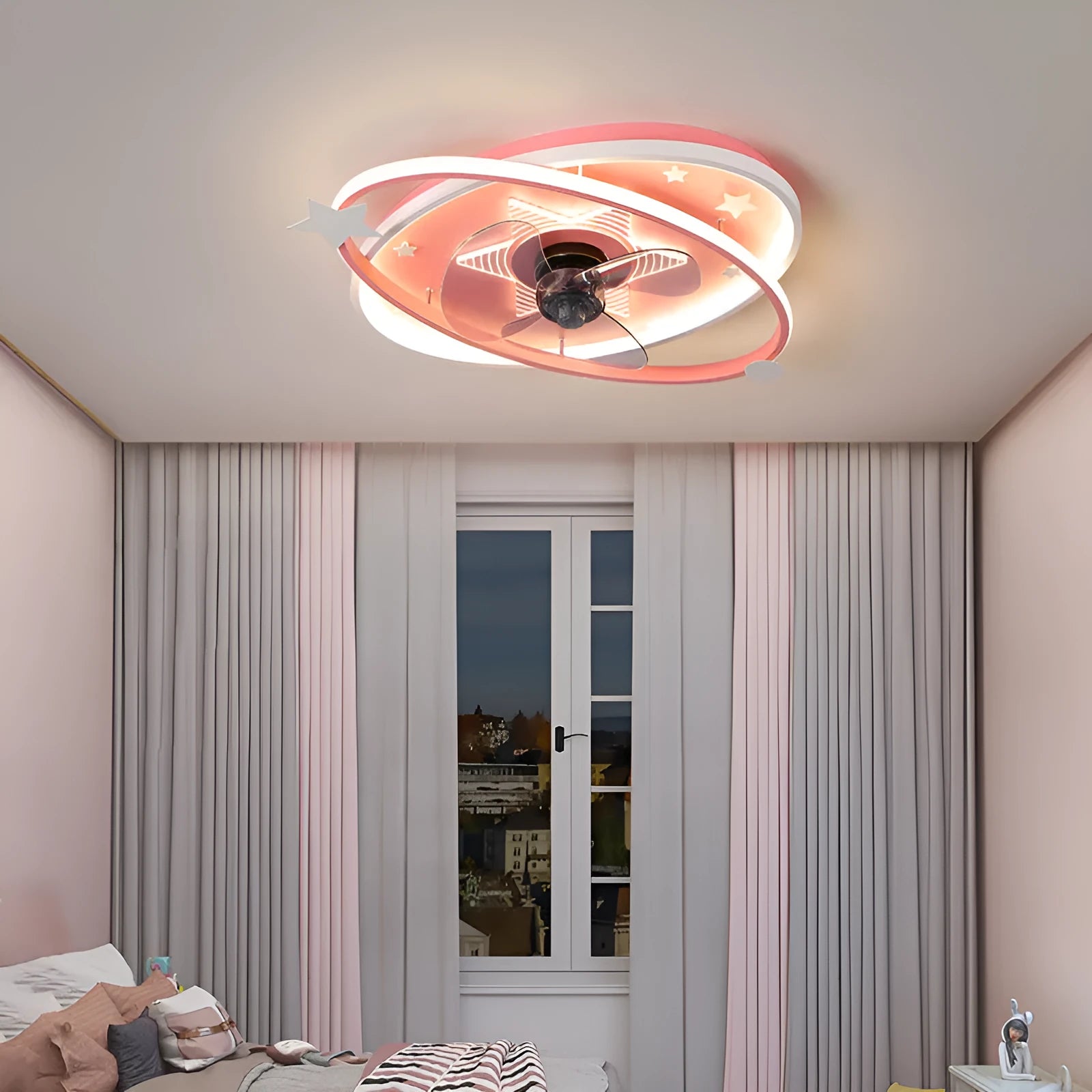 Modern iron children's bedroom LED chandelier with ceiling fan and remote control