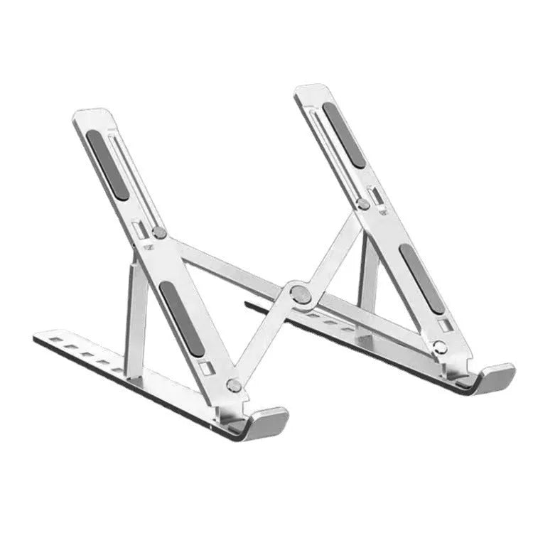Silver aluminium alloy folding laptop stand holding a notebook on a desk