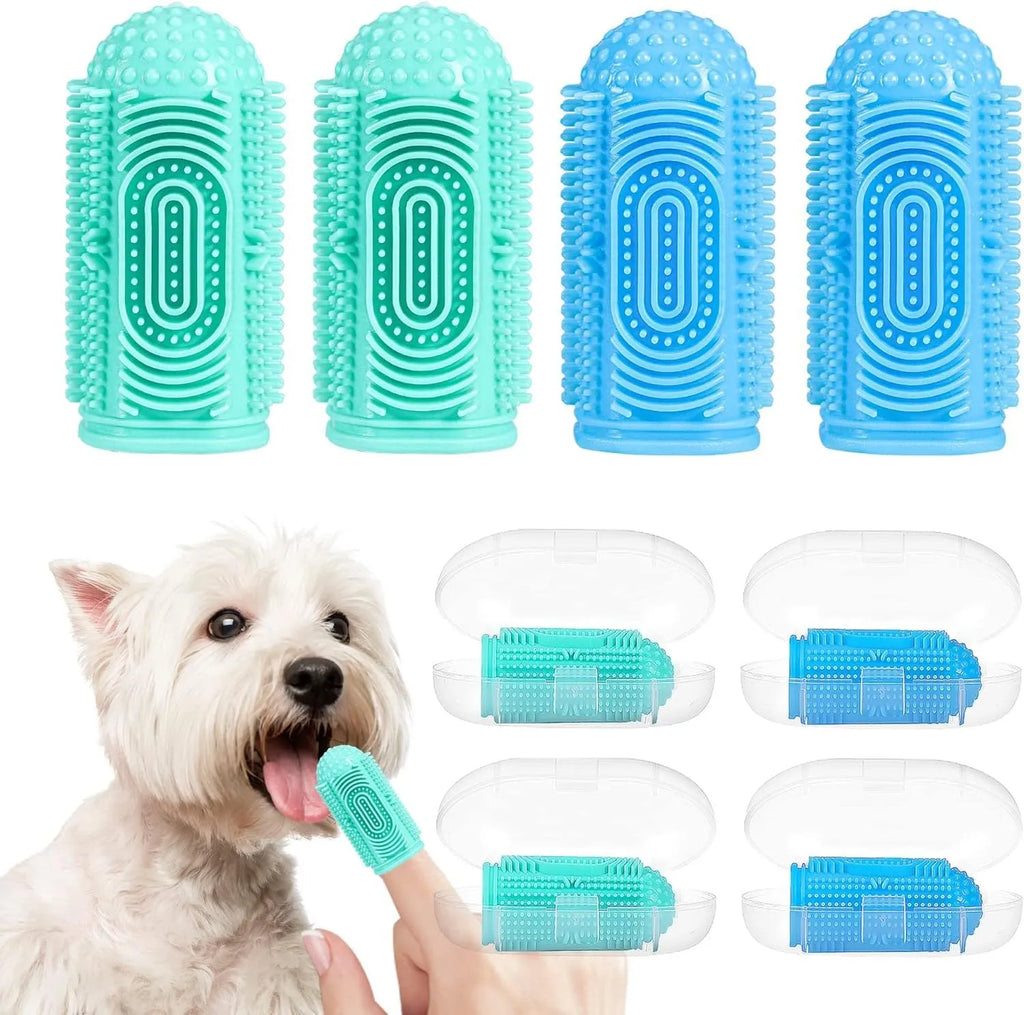 Dog finger toothbrush with 360° silicone bristles in blue, green, pink, and purple – soft non-slip sleeve for pet teeth cleaning