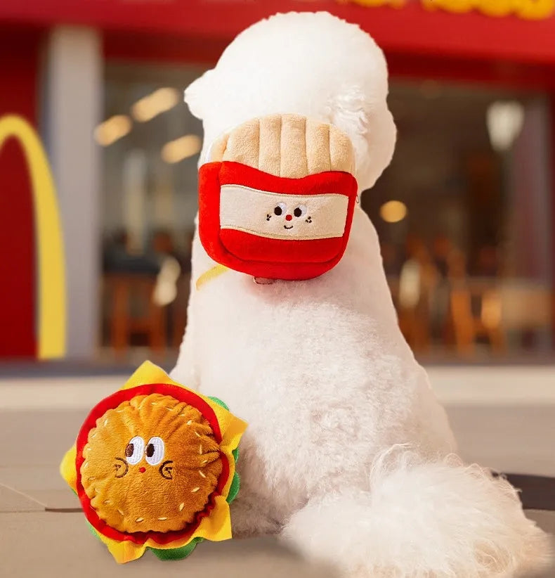 Cartoon hamburger print adjustable vest leash for a dog, showing hook-and-loop fasteners and attached rope.