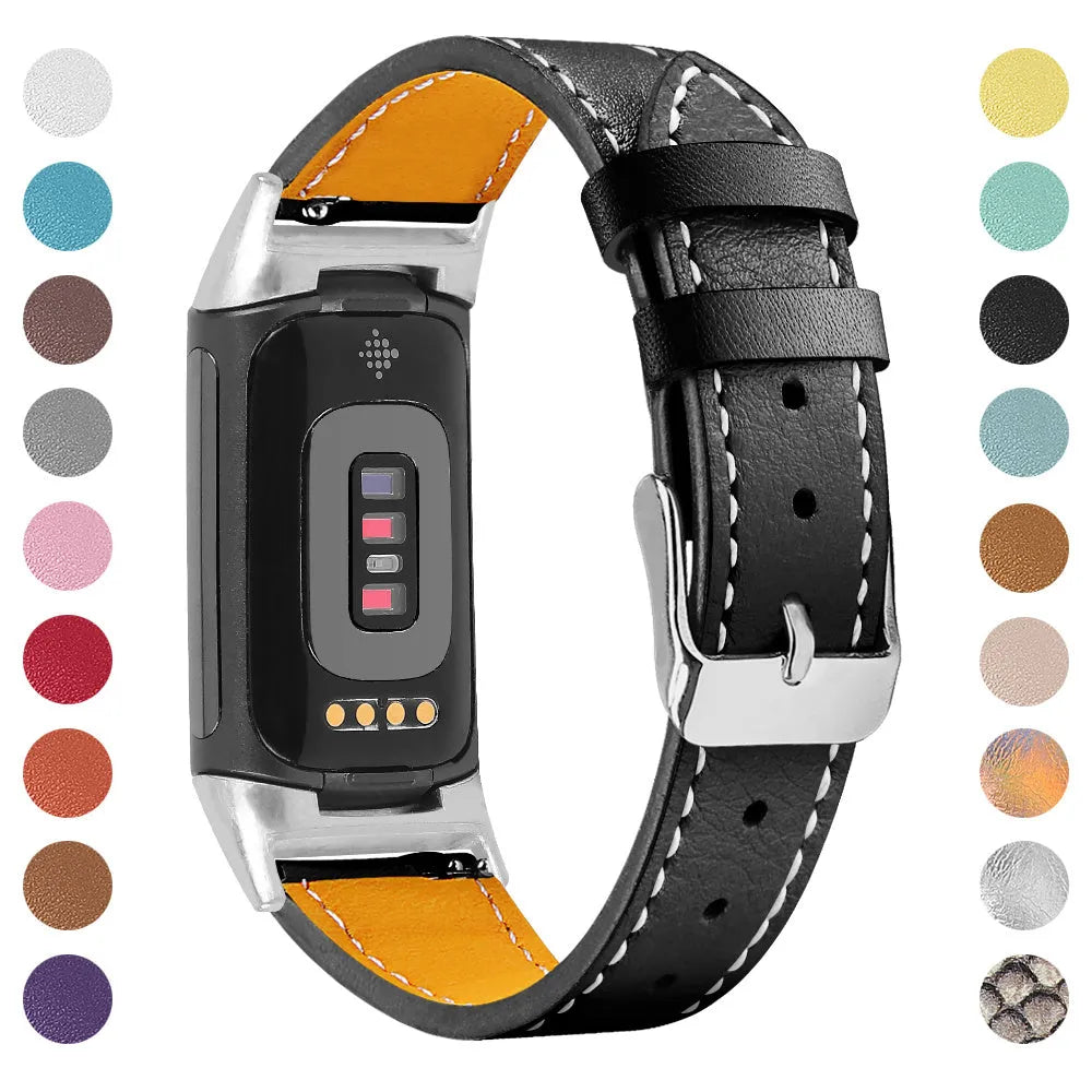 Genuine cowhide leather strap for Fitbit Charge 5 smartwatch in various colours