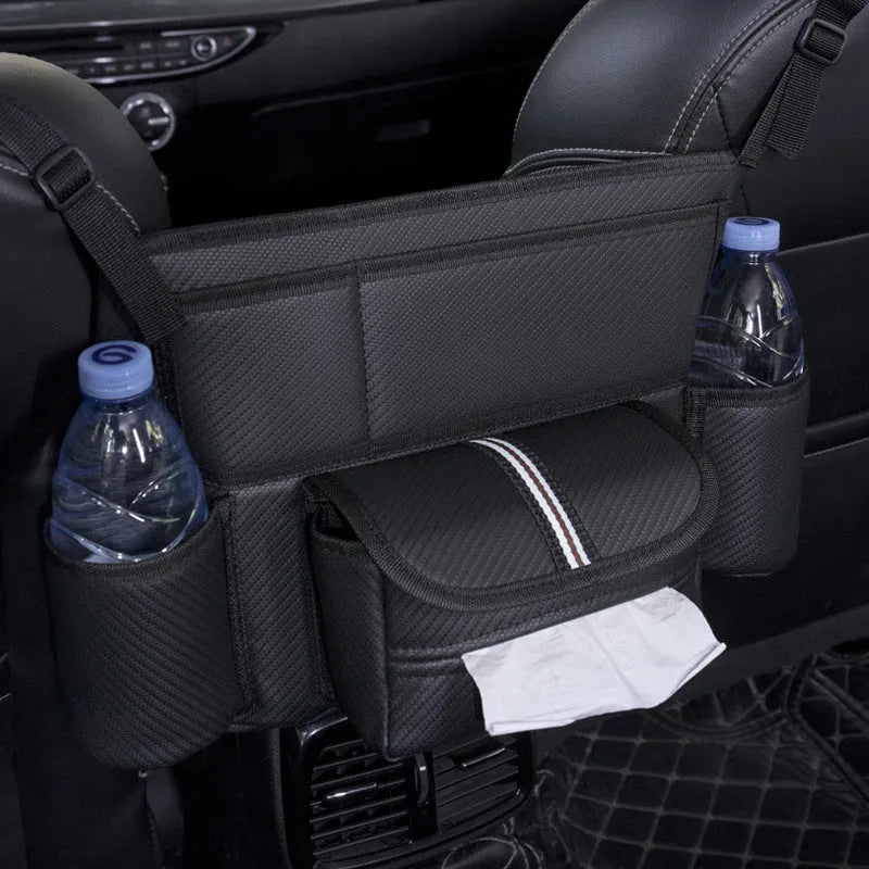 Leather car seat gap organiser with tissue box in black with Classic Lychee, Carbon Fibre, or Fashion Grain patterns